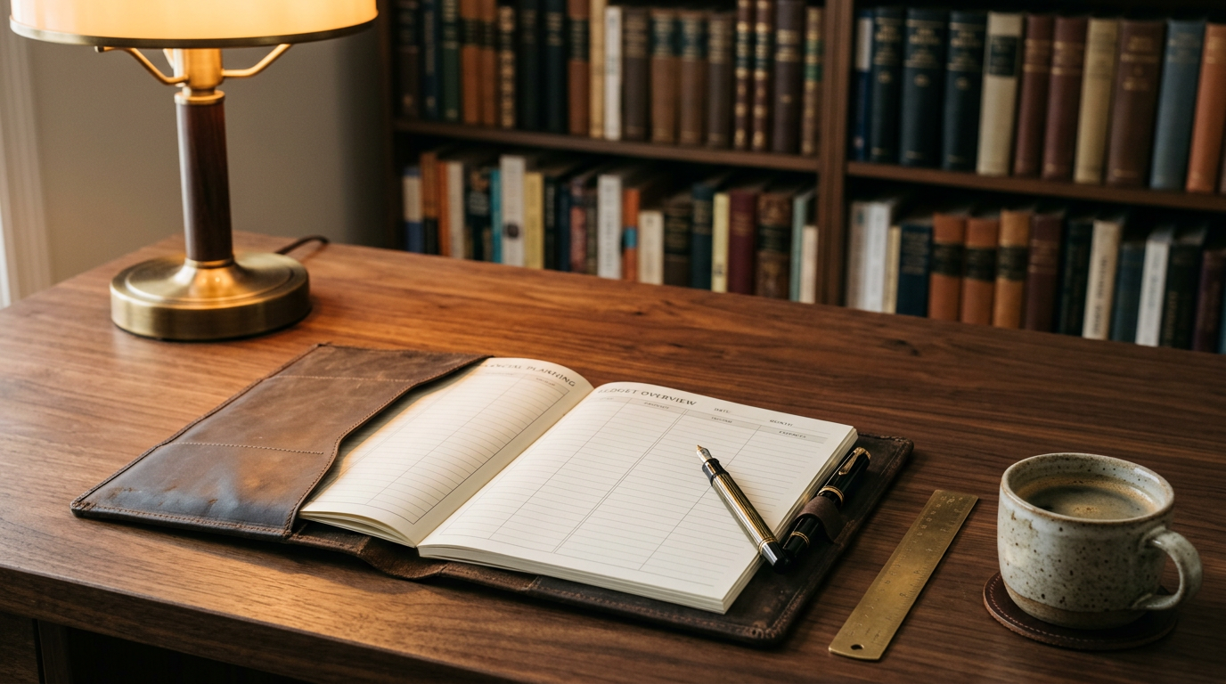 Warm lamplight on a desk with a planner, pen, and coffee — thoughtful money and work planning.