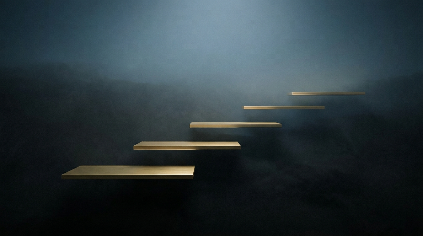 Abstract gold steps ascending on a dark field — work seasons and steady progress.