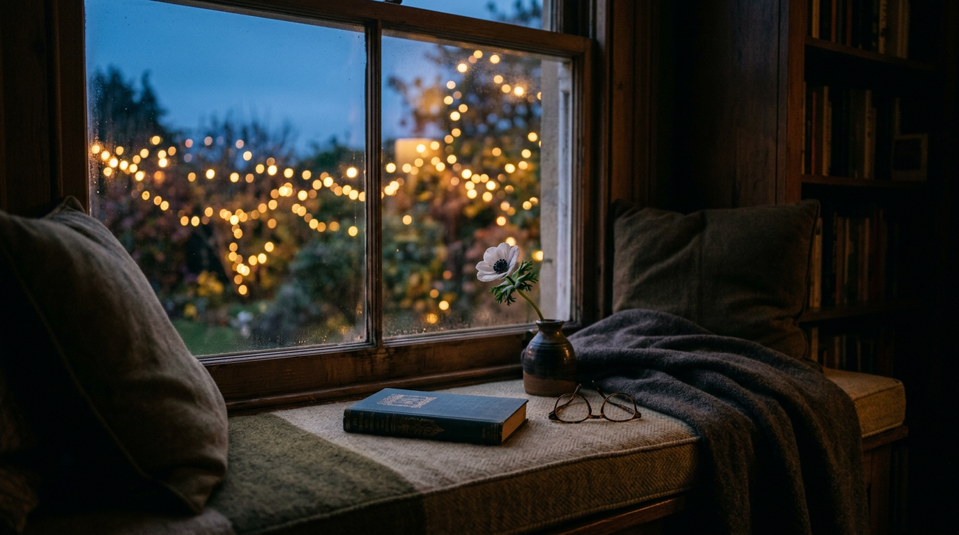 Soft evening light on a window seat with a book and flower — quiet space for heart questions.