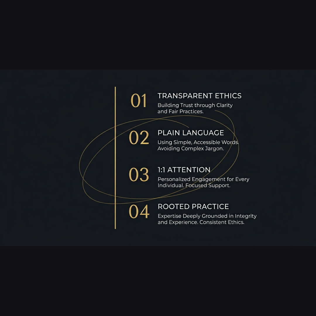 Graphic summarizing four session qualities: ethical framing, plain language, one-to-one attention, and rooted practice.
