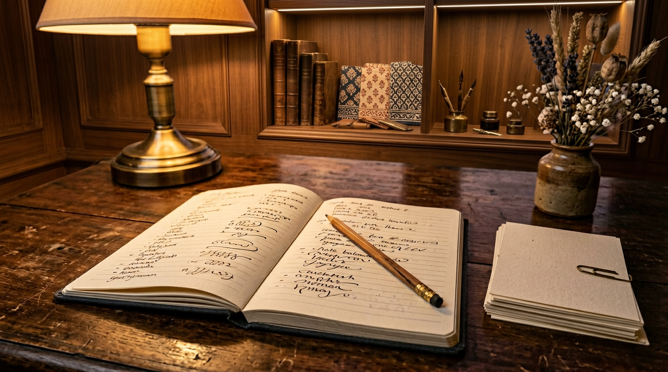 Warm lamplight on a desk with a naming shortlist notebook, pencil, and notecards.