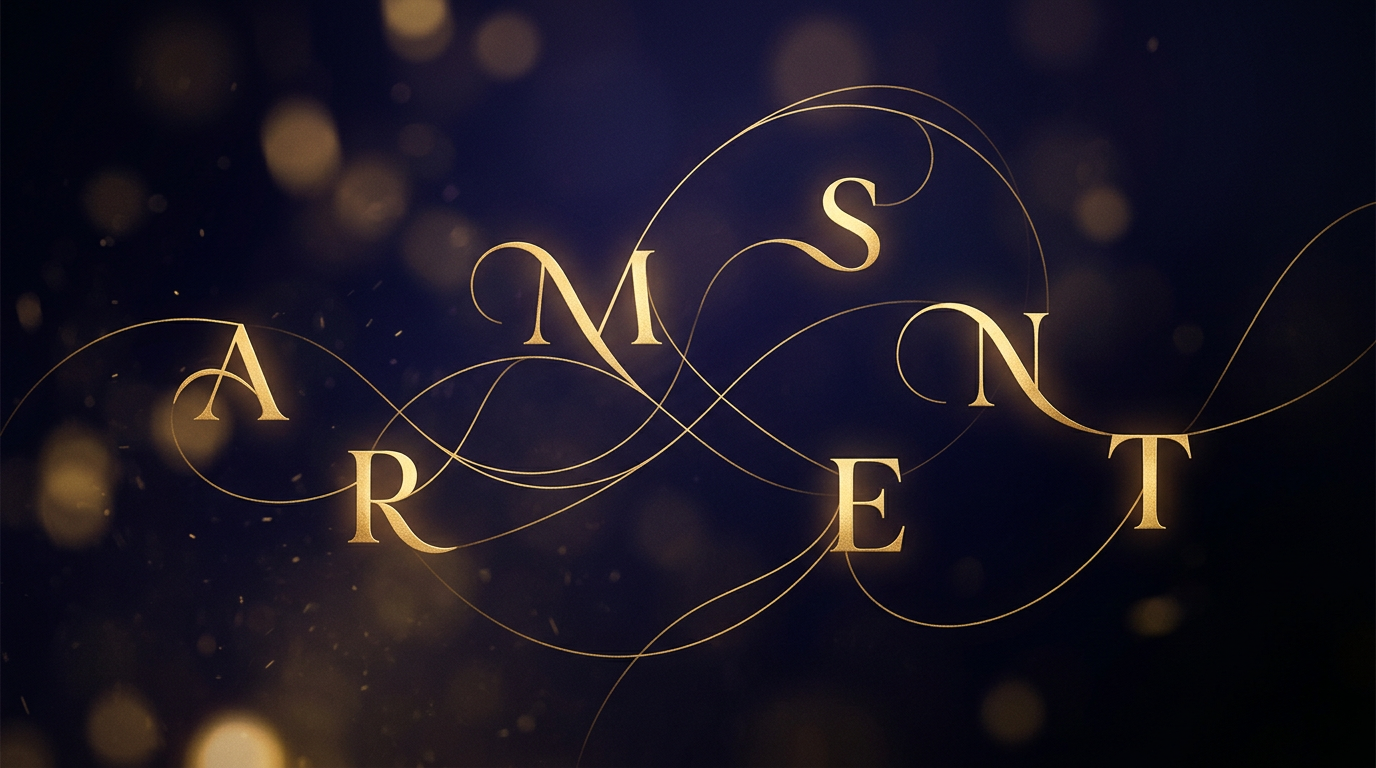 Abstract golden letterforms and curves on a deep field — harmony of sound and number.