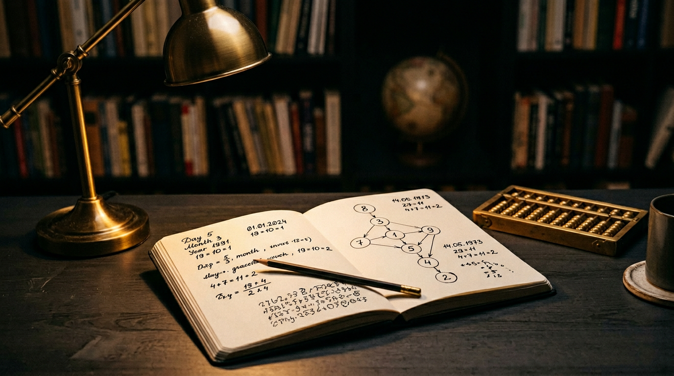Warm lamplight on a desk with numerology notes and a simple number diagram — a calm consultation setting.