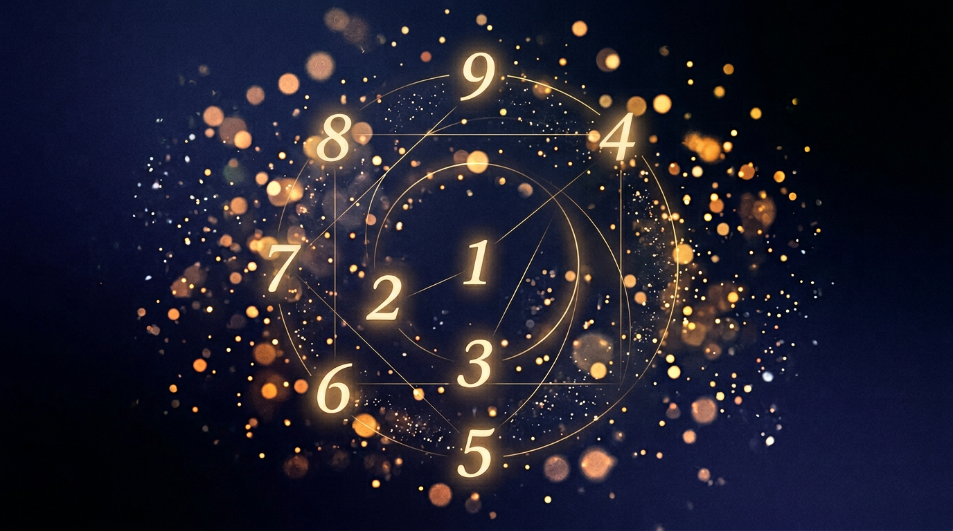 Abstract golden digits and soft lines on a deep indigo background — rhythm and clarity.