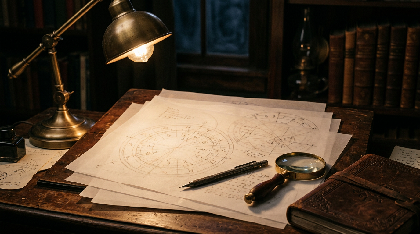 Lamplight on layered chart diagrams, pencil, and journal — a focused deep-dive chart workspace.