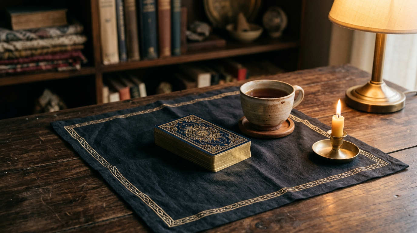 Warm lamplight on a table with a tarot deck, cloth, and tea — a calm private reading setting.