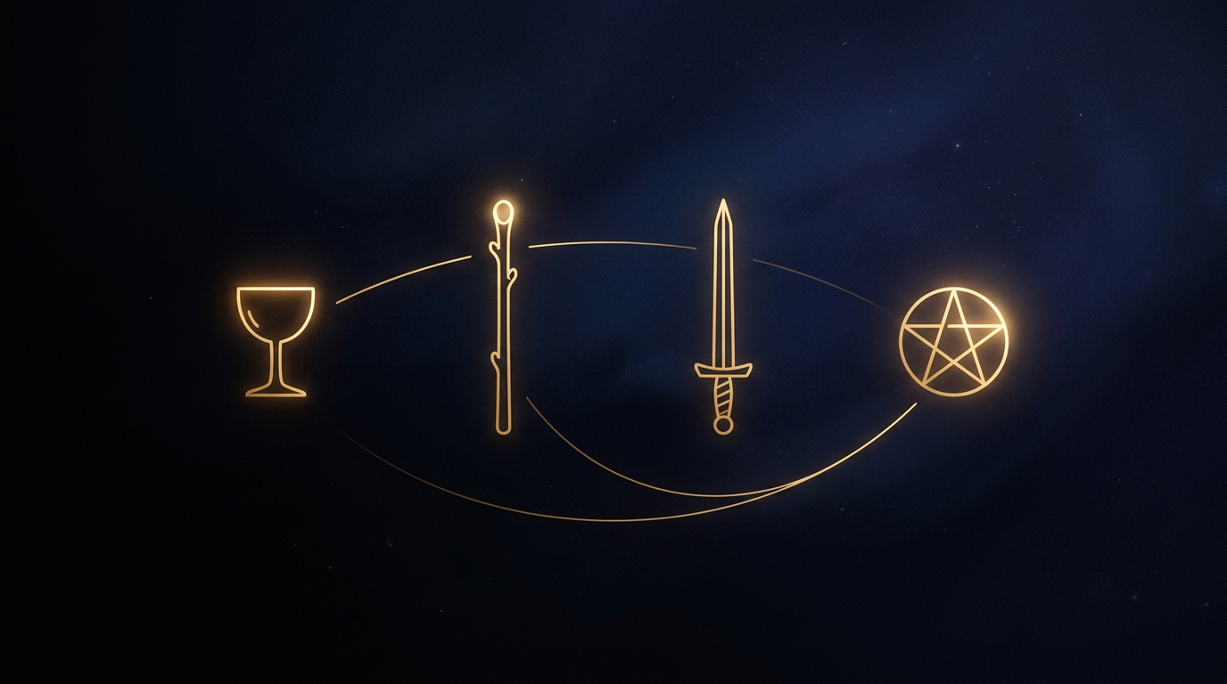 Minimal golden cup, wand, sword, and coin symbols on a deep indigo background — the four suits as quiet icons.