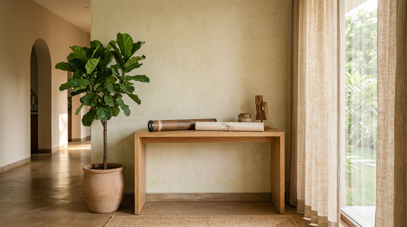 Bright calm room with plant, linen light, and rolled architectural drawings — home and workspace flow.